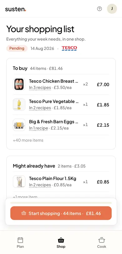 The Susten shop page on a phone: a shopping list of Tesco products grouped into to-buy and might-already-have, with a start-shopping button