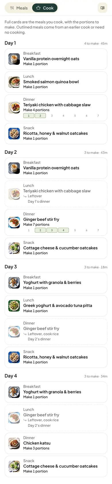 The Susten cook view on a phone: each day lists the dishes to make and how long they take, with the portions for you, Alex and Ella. Meals from an earlier cook are outlined and say which day's dinner they come from.