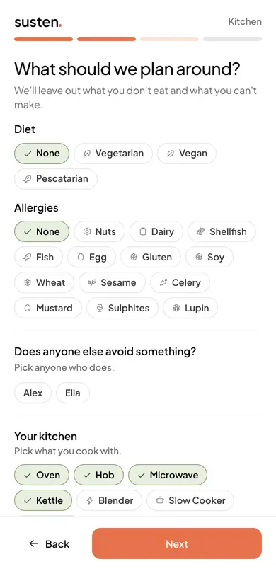 Susten's setup question what should we plan around, on a phone: diets, allergies, whether anyone else avoids something, and the kitchen equipment you cook with