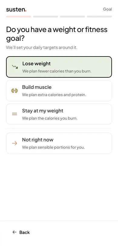 Susten's setup question do you have a weight or fitness goal, on a phone: lose weight is chosen
