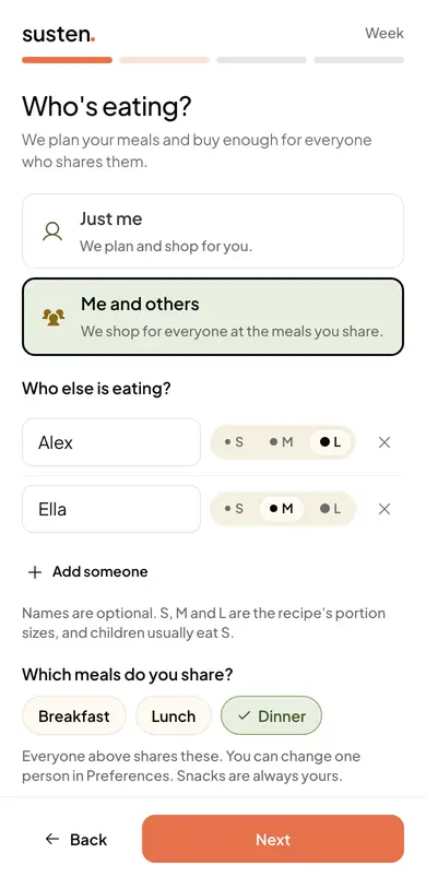 Susten's setup question who's eating, on a phone: me and others is chosen, with Alex at a large portion and Ella at a medium one, and dinner as the meal you share