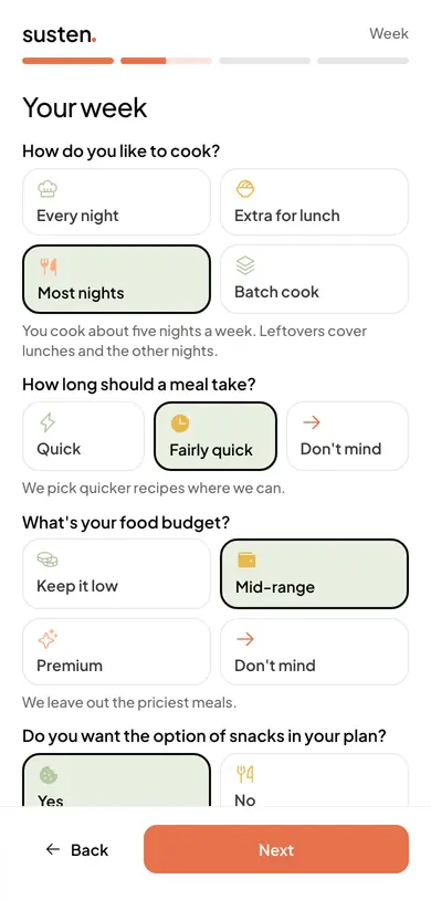 Susten's setup questions about your week, on a phone: how do you like to cook, with most nights chosen, then how long a meal should take, your food budget and snacks
