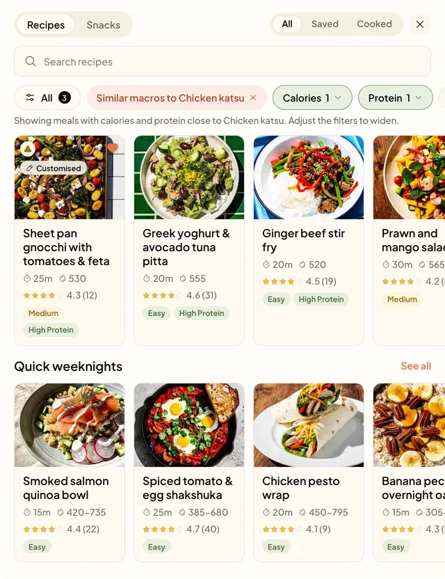 The Susten recipe browser, filtered to meals with calories and protein close to Chicken katsu